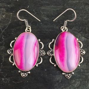 New Pink Botswana Agate Stone Hook Dangle Silver Earrings